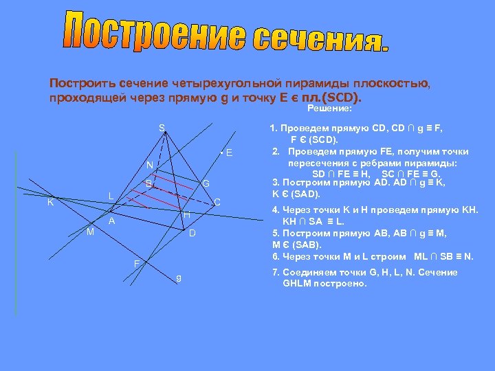 Построить сечение четырехугольной пирамиды плоскостью, проходящей через прямую g и точку Е є пл.