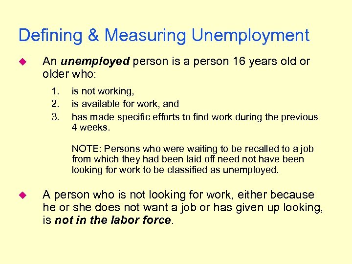 Defining & Measuring Unemployment u An unemployed person is a person 16 years old