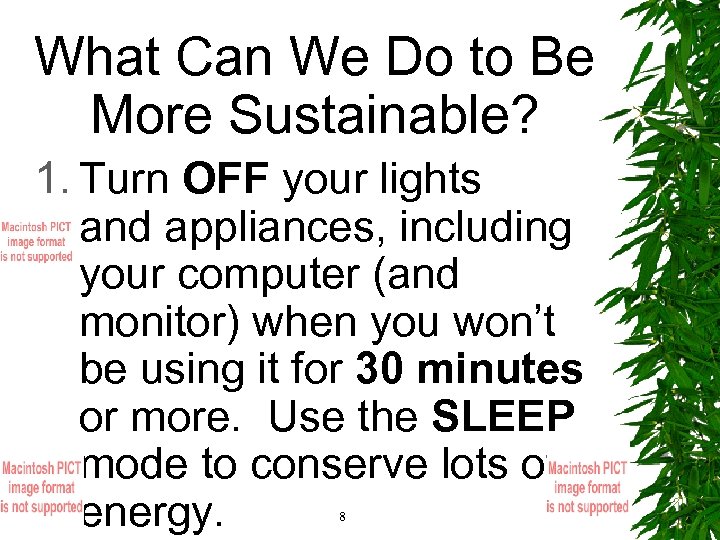 What Can We Do to Be More Sustainable? 1. Turn OFF your lights and