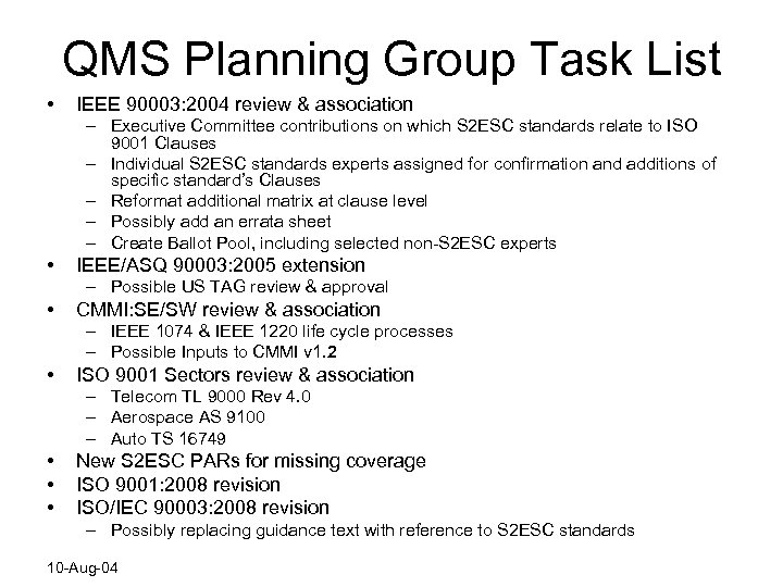 QMS Planning Group Task List • IEEE 90003: 2004 review & association – Executive