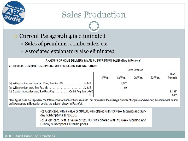 Sales Production Current Paragraph 4 is eliminated Sales of premiums, combo sales, etc. Associated