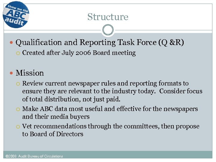 Structure Qualification and Reporting Task Force (Q &R) Created after July 2006 Board meeting