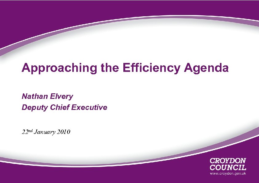 Approaching the Efficiency Agenda Nathan Elvery Deputy Chief Executive 22 nd January 2010 