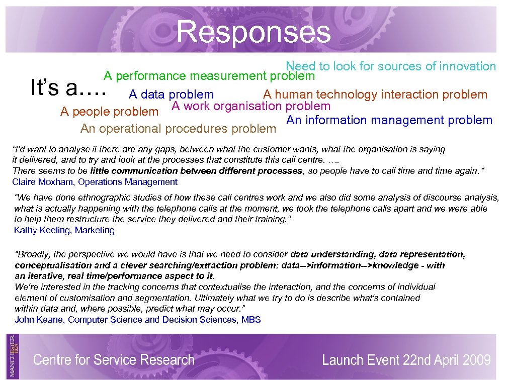 Responses Need to look for sources of innovation A performance measurement problem A data