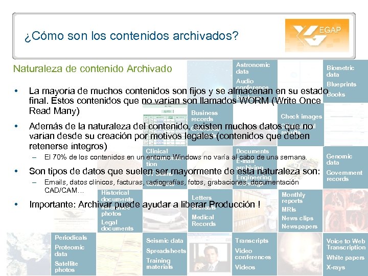 ¿Cómo son los contenidos archivados? Astronomic data Naturaleza de contenido Archivado Audio conference Blueprints
