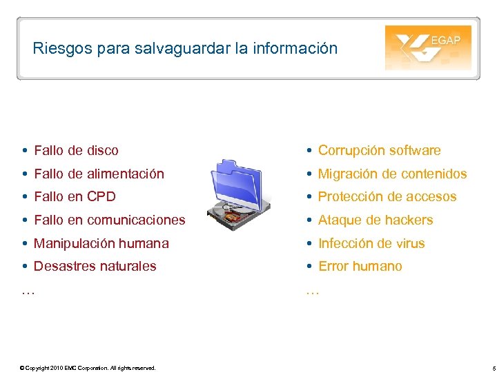 Riesgos para salvaguardar la información Fallo de disco Corrupción software Fallo de alimentación Migración