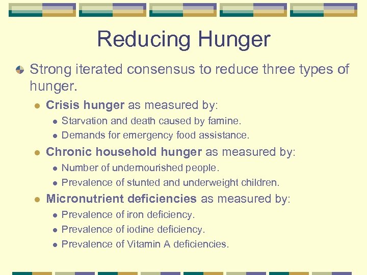 Reducing Hunger Strong iterated consensus to reduce three types of hunger. l Crisis hunger
