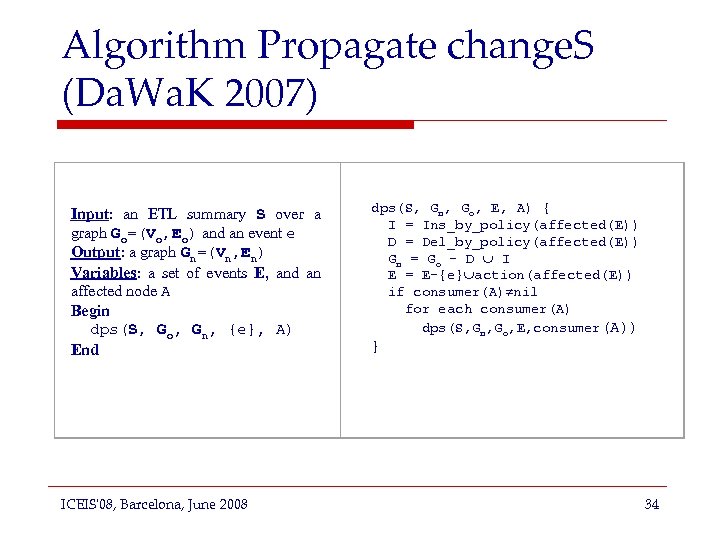 Algorithm Propagate change. S (Da. Wa. K 2007) Input: an ETL summary S over
