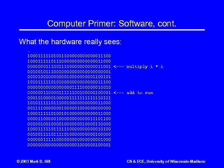 Computer Primer: Software, cont. What the hardware really sees: … 10001111101011100000011100 1000111110000000011000 000000011100000011001 <---