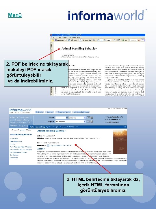 Menü 2. PDF belirtecine tıklayarak, makaleyi PDF olarak görüntüleyebilir ya da indirebilirsiniz. 3. HTML