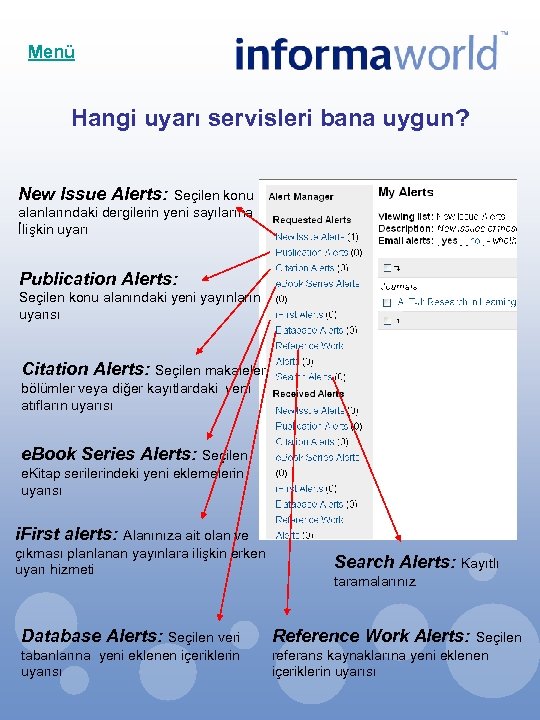 Menü Hangi uyarı servisleri bana uygun? New Issue Alerts: Seçilen konu alanlarındaki dergilerin yeni