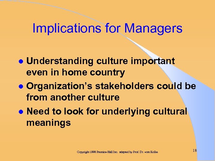 Implications for Managers Understanding culture important even in home country l Organization’s stakeholders could