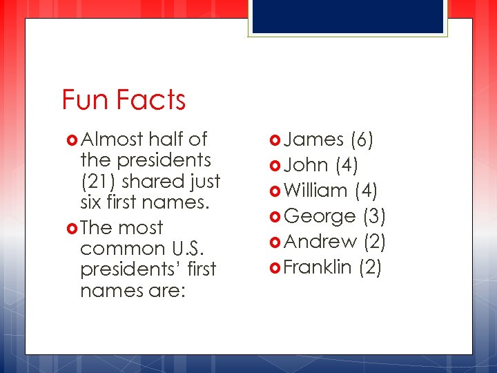 Fun Facts Almost half of the presidents (21) shared just six first names. The