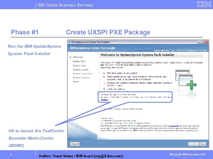 IBM Global Business Services Phase #1 Create UXSPI PXE Package Run the IBM Update.