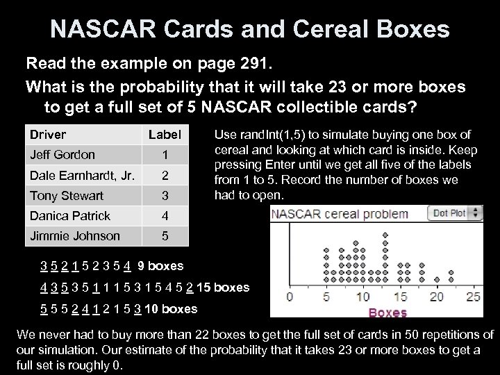 NASCAR Cards and Cereal Boxes Read the example on page 291. What is the