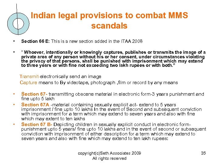 Indian legal provisions to combat MMS scandals • Section 66 E: This is a