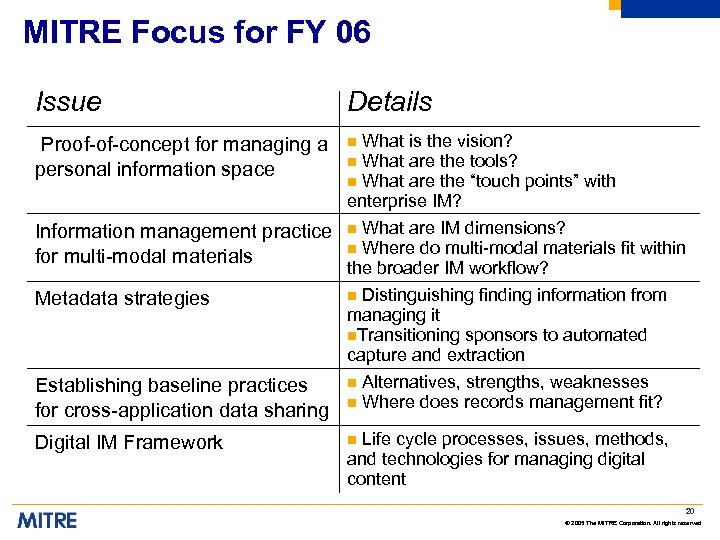 MITRE Focus for FY 06 Issue Details Proof-of-concept for managing a personal information space