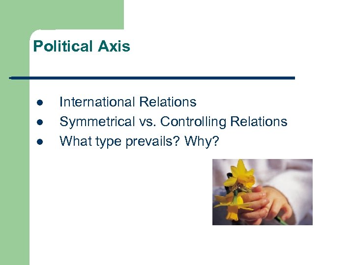 Political Axis l l l International Relations Symmetrical vs. Controlling Relations What type prevails?