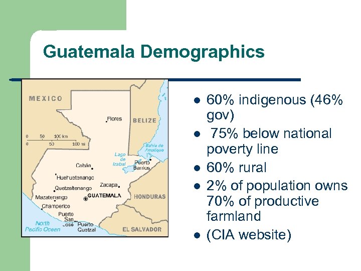 Guatemala Demographics l l l 60% indigenous (46% gov) 75% below national poverty line