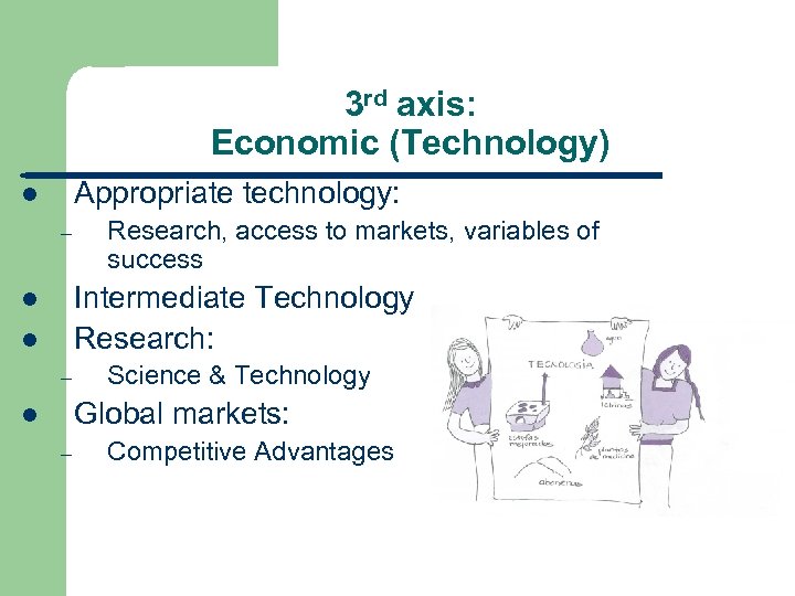 3 rd axis: Economic (Technology) Appropriate technology: l – Research, access to markets, variables
