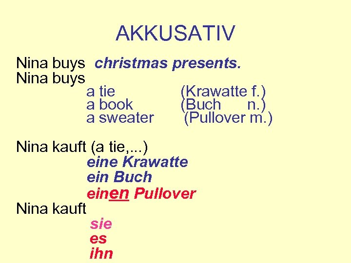 AKKUSATIV Nina buys christmas presents. Nina buys a tie (Krawatte f. ) a book