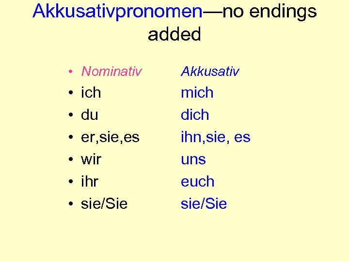 Akkusativpronomen—no endings added * Nominativ Akkusativ * * * mich dich ih...