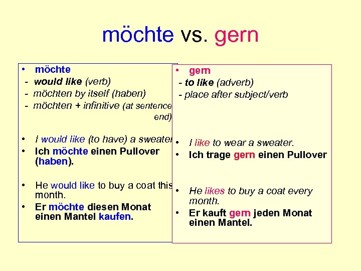 möchte vs. gern • - möchte • gern would like (verb) - to like