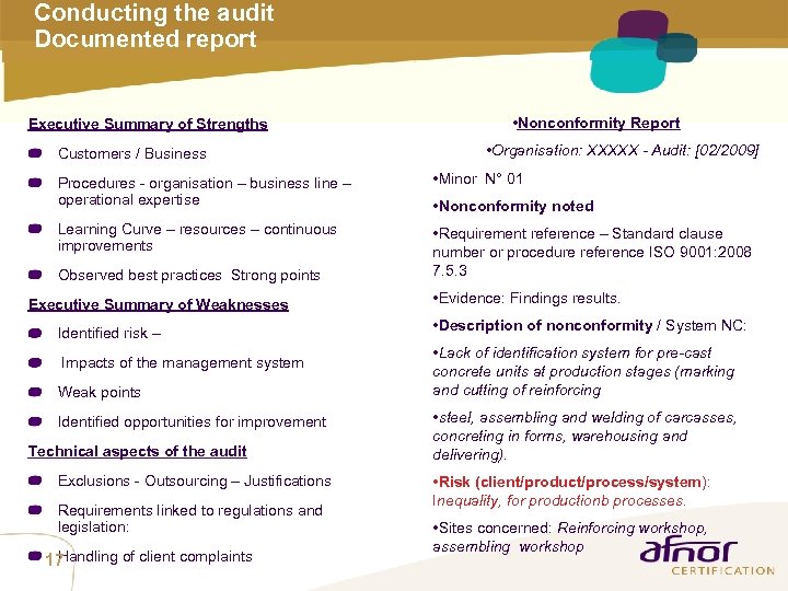 Conducting the audit Documented report Executive Summary of Strengths Customers / Business • Nonconformity