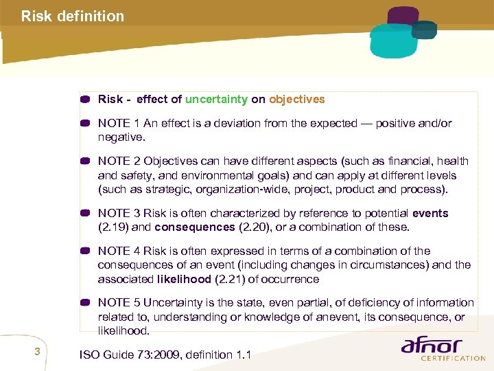 Risk definition Risk - effect of uncertainty on objectives NOTE 1 An effect is