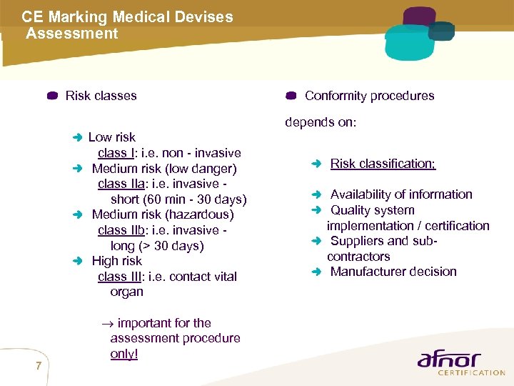 CE Marking Medical Devises Assessment Risk classes Conformity procedures depends on: Low risk class