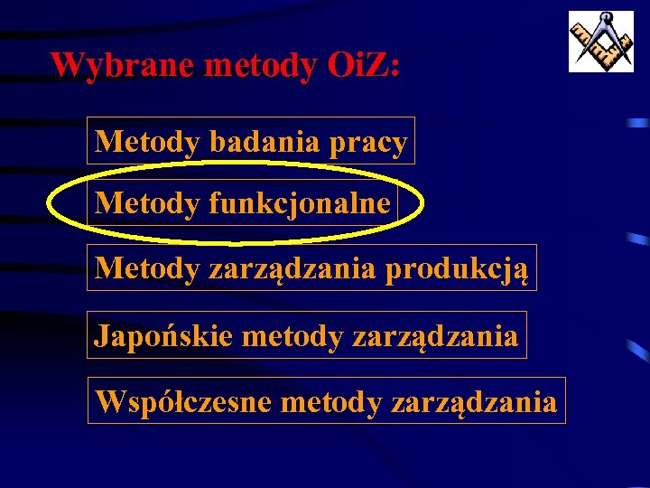 Wybrane metody Oi. Z: Metody badania pracy Metody funkcjonalne Metody zarządzania produkcją Japońskie metody