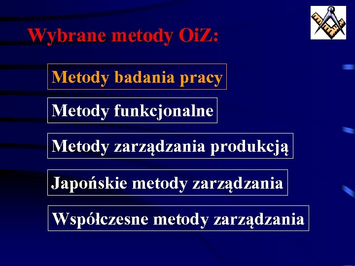 Wybrane metody Oi. Z: Metody badania pracy Metody funkcjonalne Metody zarządzania produkcją Japońskie metody