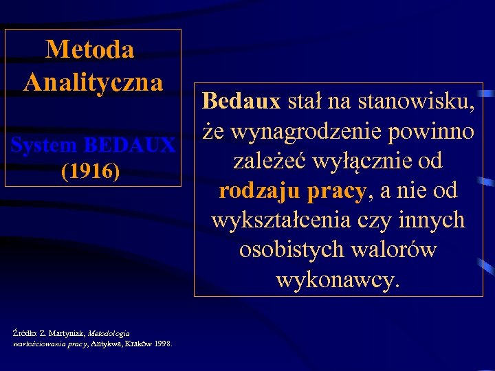 Metoda Analityczna System BEDAUX (1916) Źródło: Z. Martyniak, Metodologia wartościowania pracy, Antykwa, Kraków 1998.