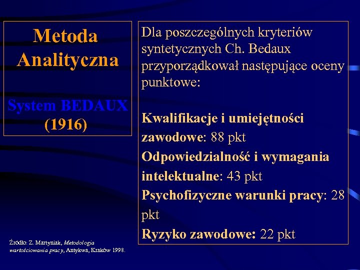 Dla poszczególnych kryteriów syntetycznych Ch. Bedaux przyporządkował następujące oceny punktowe: System BEDAUX Kwalifikacje i