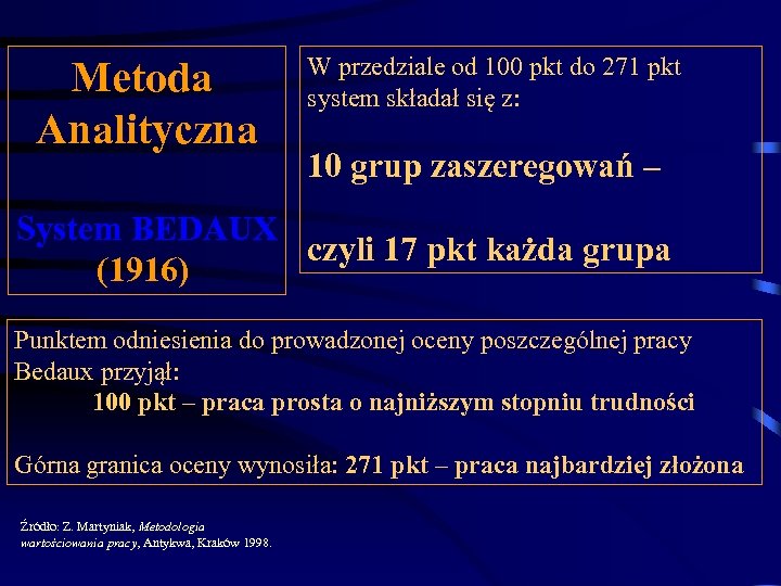 Metoda Analityczna W przedziale od 100 pkt do 271 pkt system składał się z: