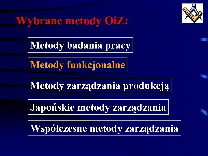 Wybrane metody Oi. Z: Metody badania pracy Metody funkcjonalne Metody zarządzania produkcją Japońskie metody