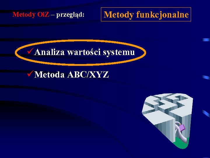 Metody Oi. Z – przegląd: Metody funkcjonalne üAnaliza wartości systemu üMetoda ABC/XYZ 