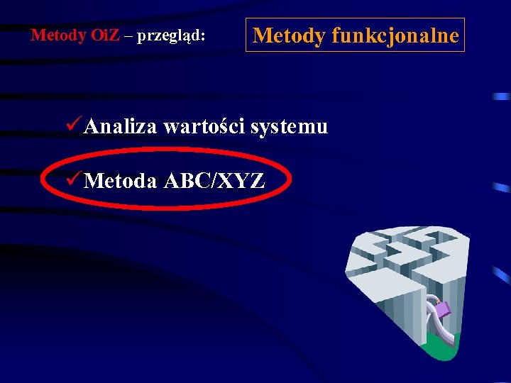 Metody Oi. Z – przegląd: Metody funkcjonalne üAnaliza wartości systemu üMetoda ABC/XYZ 