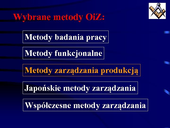 Wybrane metody Oi. Z: Metody badania pracy Metody funkcjonalne Metody zarządzania produkcją Japońskie metody