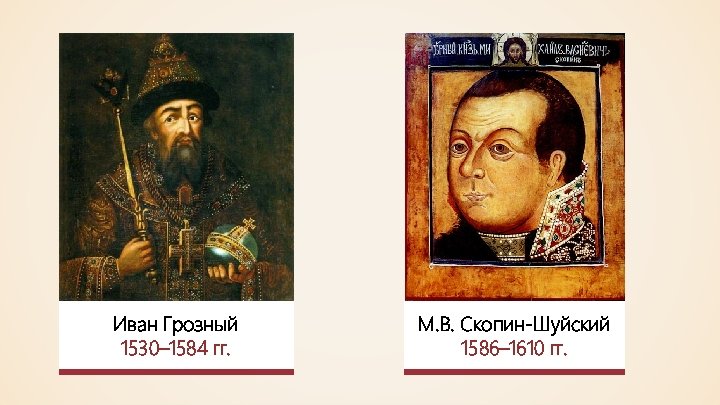 Иван Грозный 1530– 1584 гг. М. В. Скопин-Шуйский 1586– 1610 гг. 