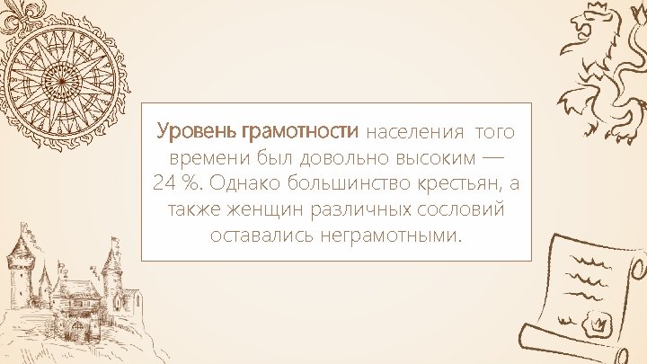 Уровень грамотности населения того времени был довольно высоким — 24 %. Однако большинство крестьян,