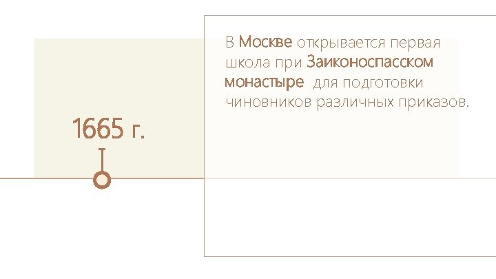 1665 г. В Москве открывается первая школа при Заиконоспасском монастыре для подготовки чиновников различных