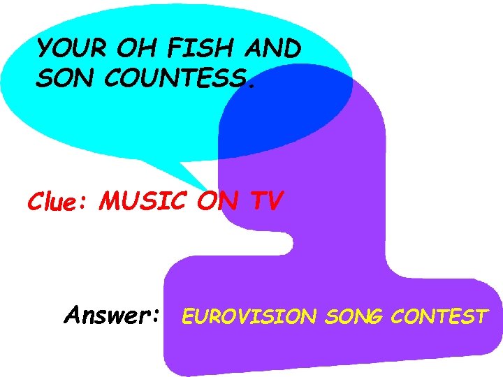 YOUR OH FISH AND SON COUNTESS. Clue: MUSIC ON TV Answer: EUROVISION SONG CONTEST