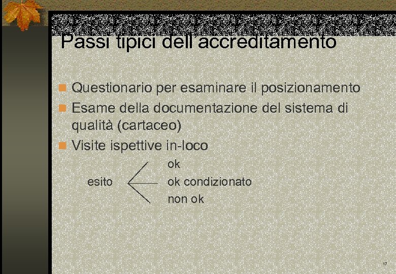 Passi tipici dell’accreditamento n Questionario per esaminare il posizionamento n Esame della documentazione del