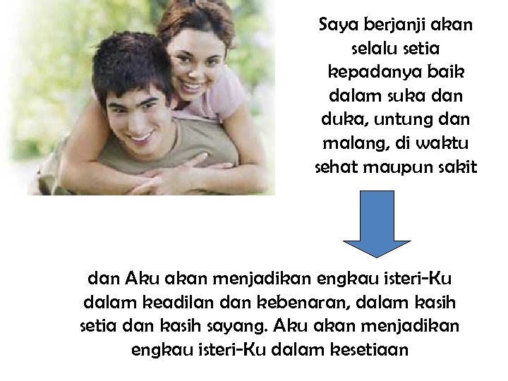 Saya berjanji akan selalu setia kepadanya baik dalam suka dan duka, untung dan malang,