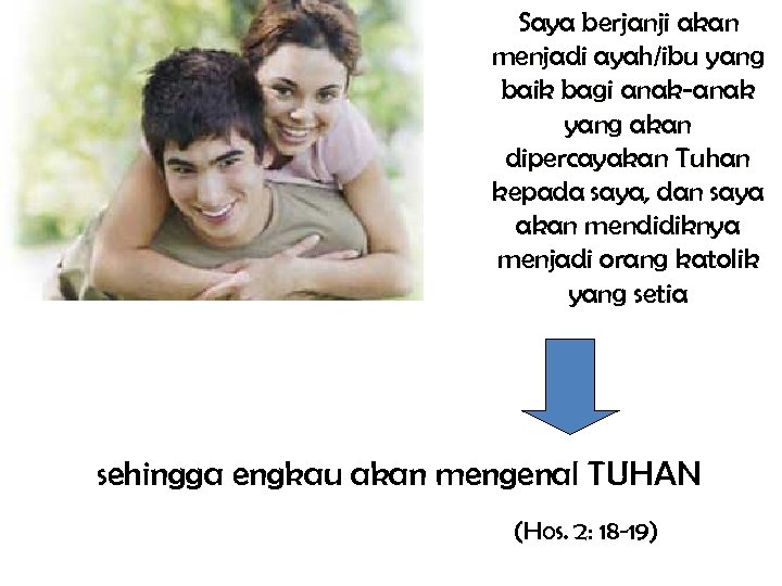 Saya berjanji akan menjadi ayah/ibu yang baik bagi anak-anak yang akan dipercayakan Tuhan kepada