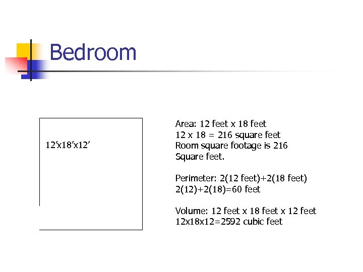 Bedroom 12’x 18’x 12’ Area: 12 feet x 18 feet 12 x 18 =