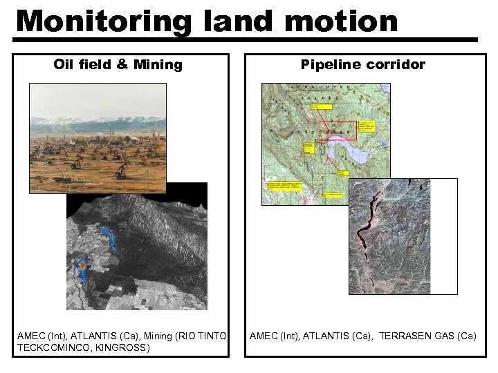 Monitoring land motion Oil field & Mining AMEC (Int), ATLANTIS (Ca), Mining (RIO TINTO,