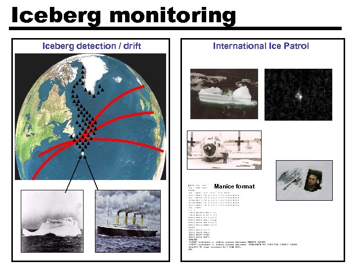 Iceberg monitoring Iceberg detection / drift International Ice Patrol Manice format 