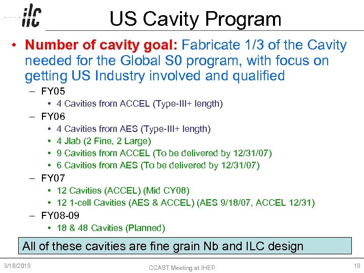 US Cavity Program • Number of cavity goal: Fabricate 1/3 of the Cavity needed